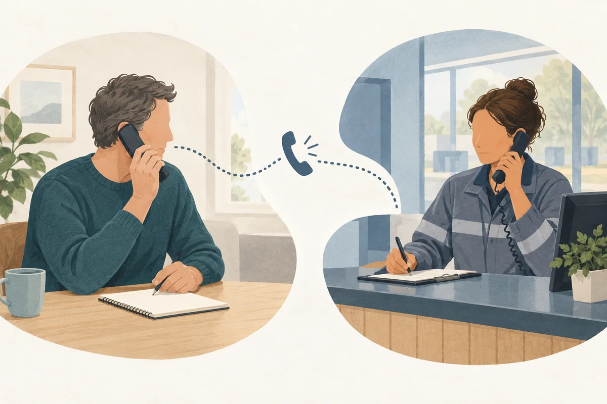 Zweigeteilte Illustration eines Telefongesprächs zwischen einer erwachsenen Person und einer Mitarbeiterin einer Annahmestelle.