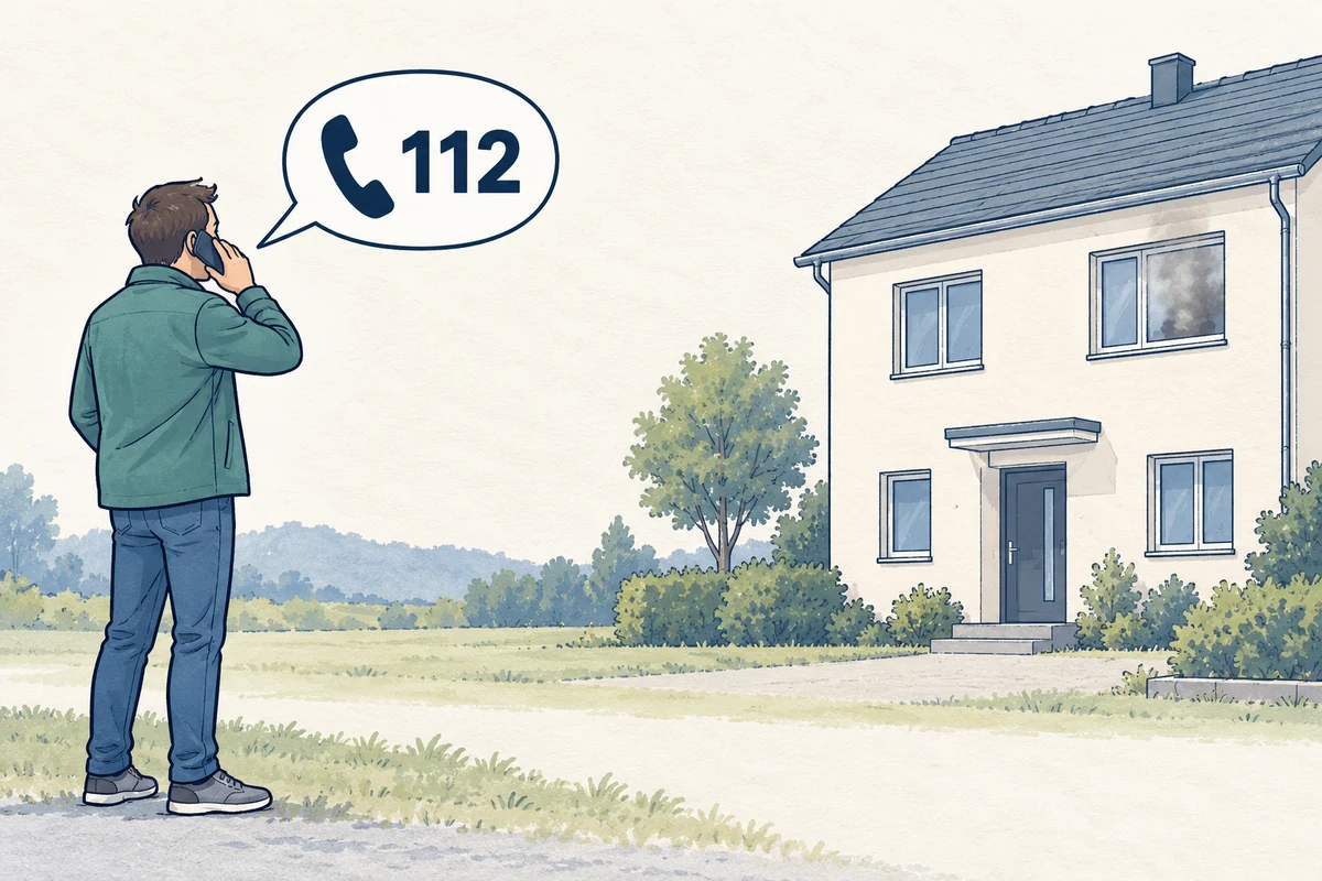 Illustration einer erwachsenen Person außerhalb eines Gebäudes mit einem Telefon und der Notrufnummer 112.