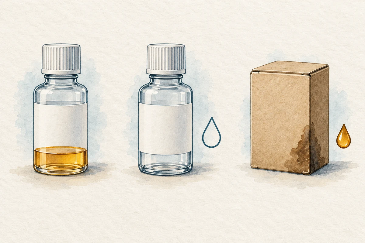 Drei schematische Beispiele: eine Flasche mit Restflüssigkeit, eine vollständig leere Flasche und ein mit Flüssigkeit verschmutzter Karton.