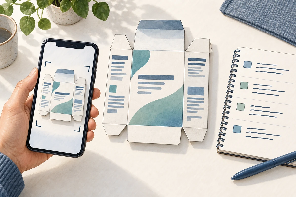 Illustration einer vollständigen Verpackungsansicht neben einer Smartphone-Kamera und getrennten Notizfeldern für Etikettangaben.