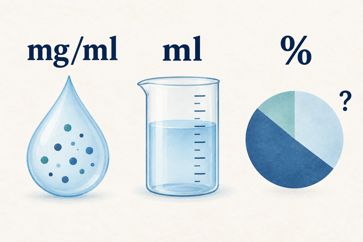 Erklärende Illustration mit den Einheiten mg/ml, ml und Prozent neben Symbolen für Konzentration, Volumen und Anteil.