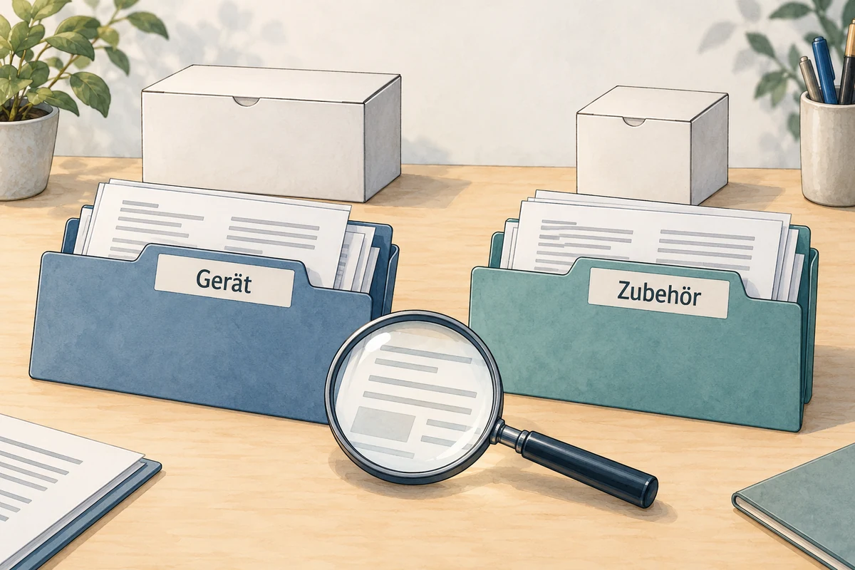 Illustration zweier getrennter Dokumentenmappen mit den Beschriftungen Gerät und Zubehör sowie einer Lupe.