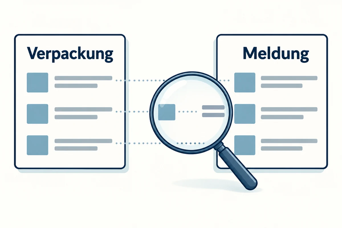 Schematische Gegenüberstellung von Verpackungsangaben und Meldungsangaben mit einer Lupe zum genauen Abgleich.