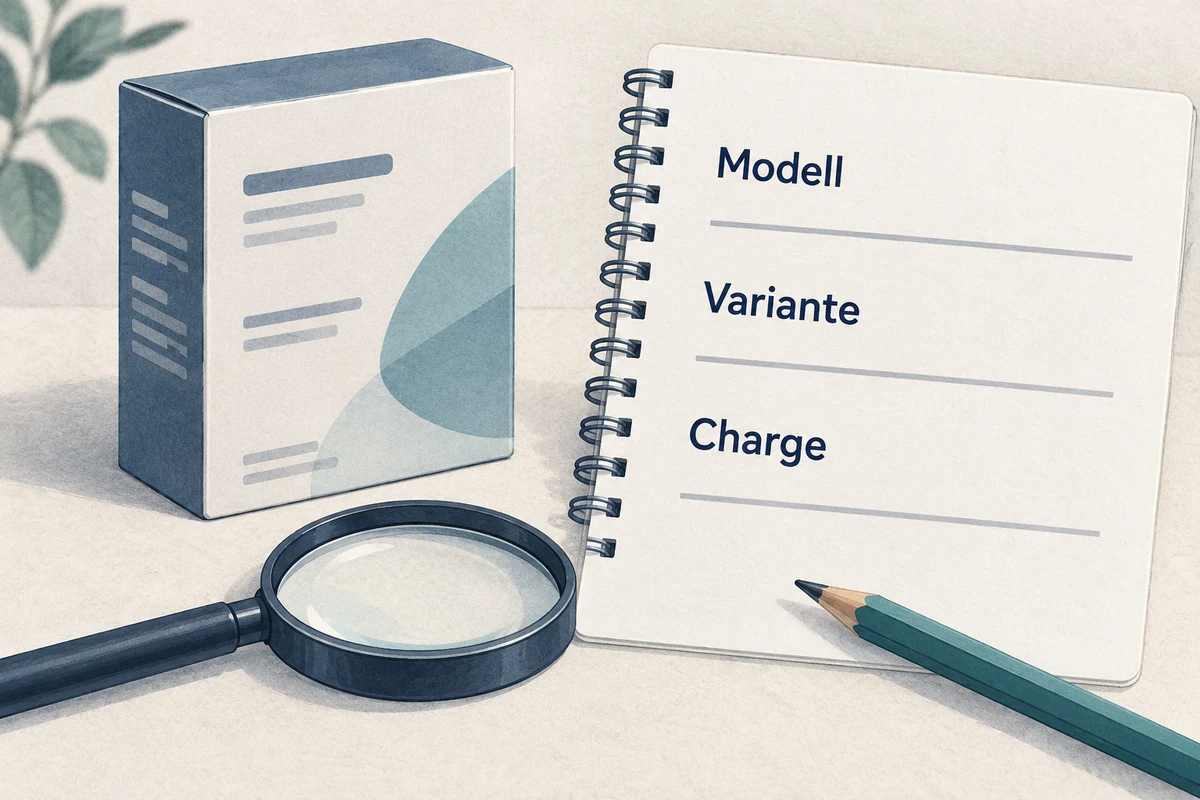 Illustration einer neutralen Verpackung und eines Notizblatts mit getrennten Feldern für Modell, Variante und Charge.