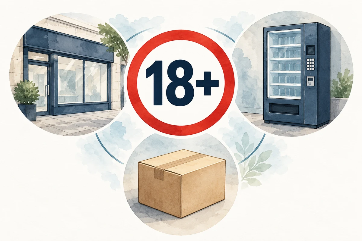 Drei schematische Bereiche zeigen Öffentlichkeit, einen Automaten und Versand neben einem 18+-Symbol.