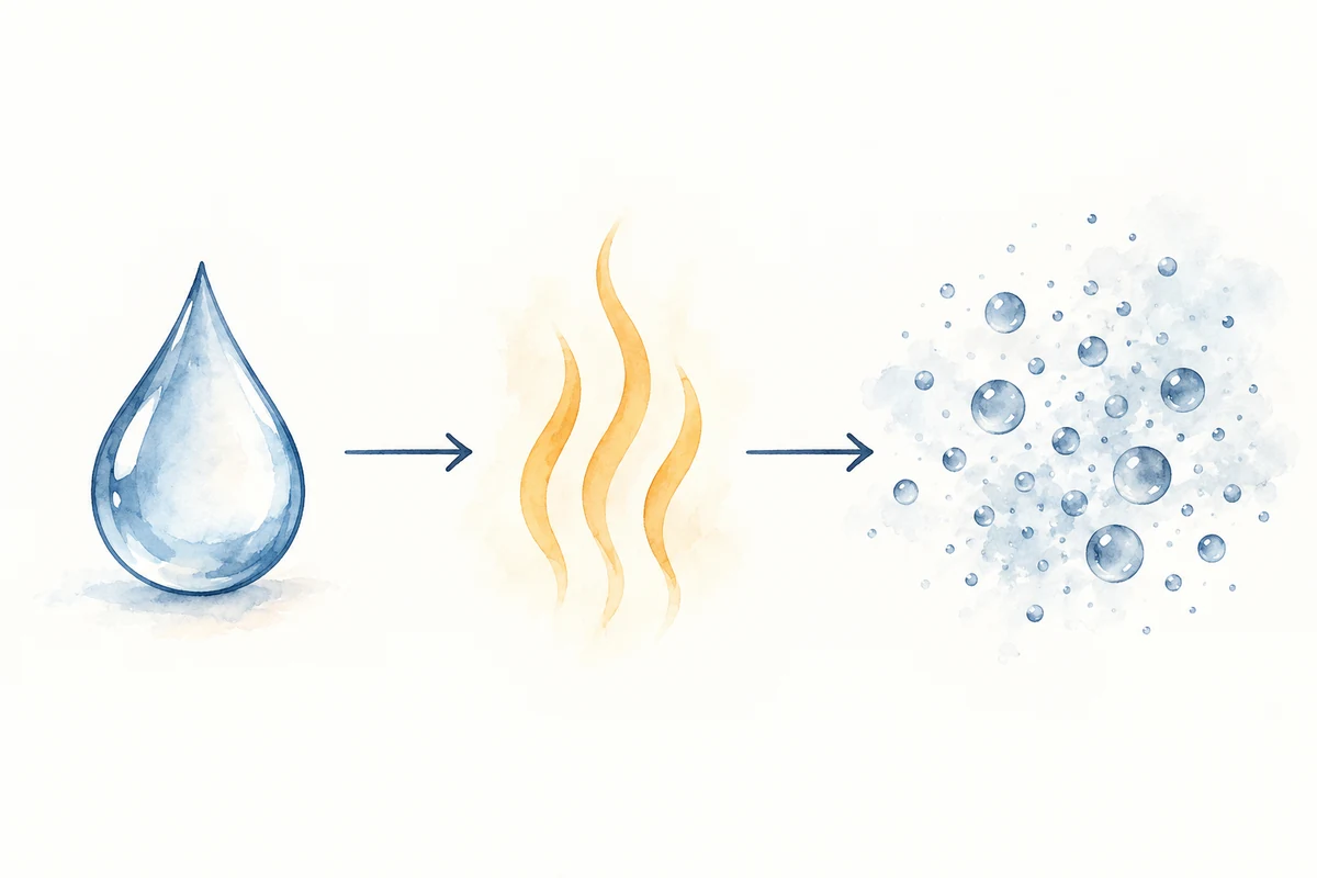 Eine schematische Folge zeigt Flüssigkeit, Erhitzen und entstehende Aerosolteilchen.
