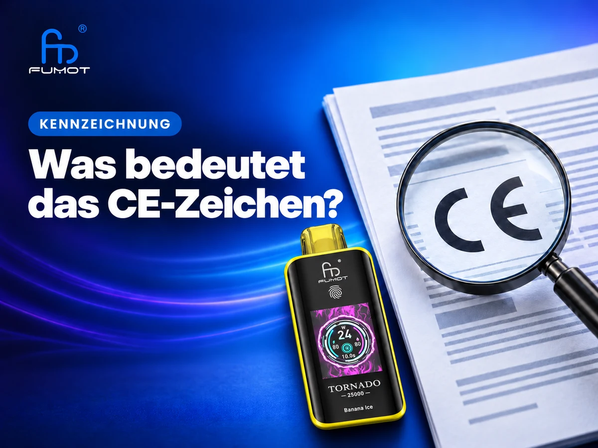 Fumot Tornado 25000 neben einem schematischen Dokument mit CE-Zeichen unter einer Lupe.