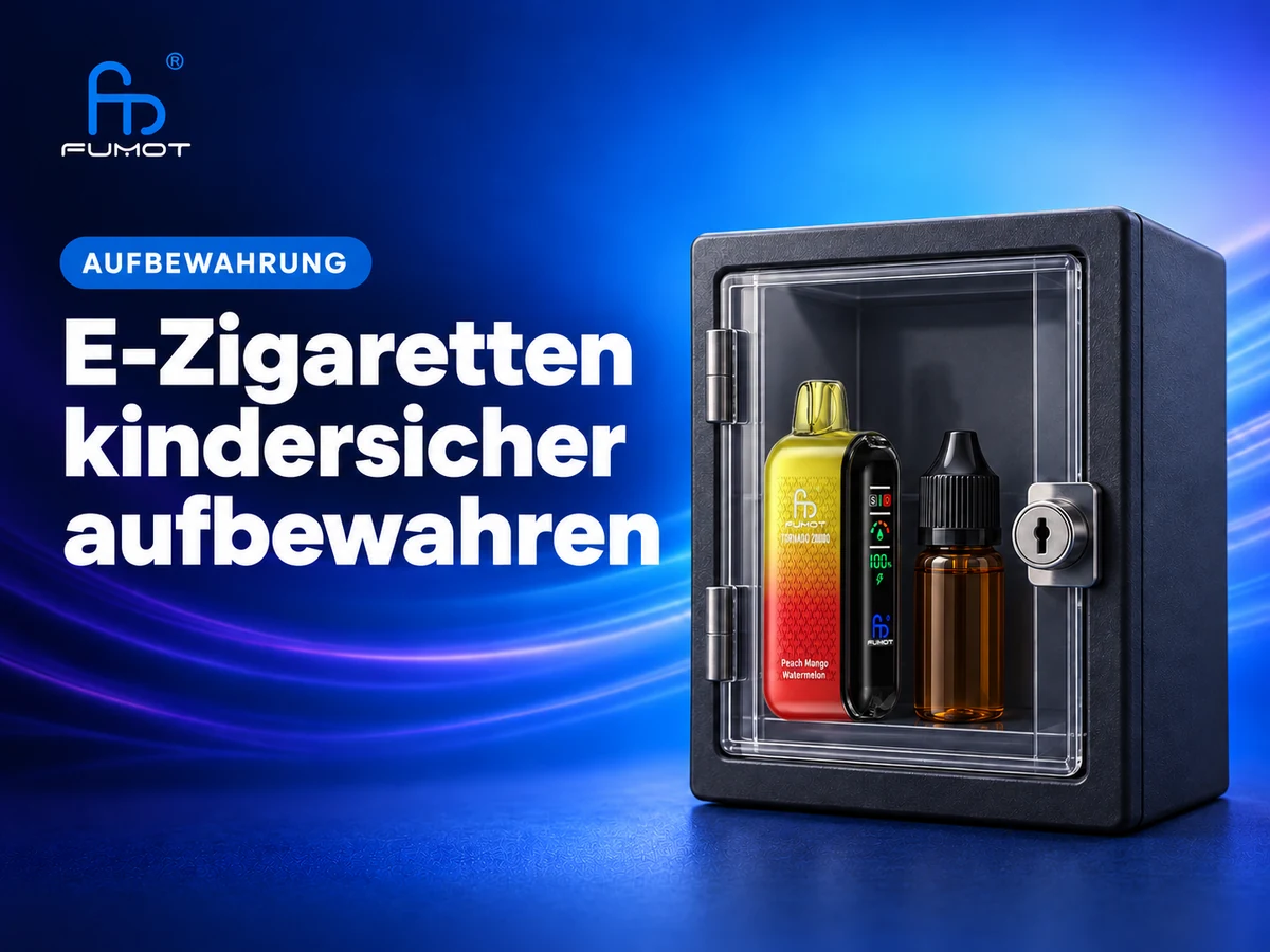 Fumot Tornado 20000 und eine verschlossene Liquidflasche in einem abgeschlossenen Aufbewahrungsschrank.