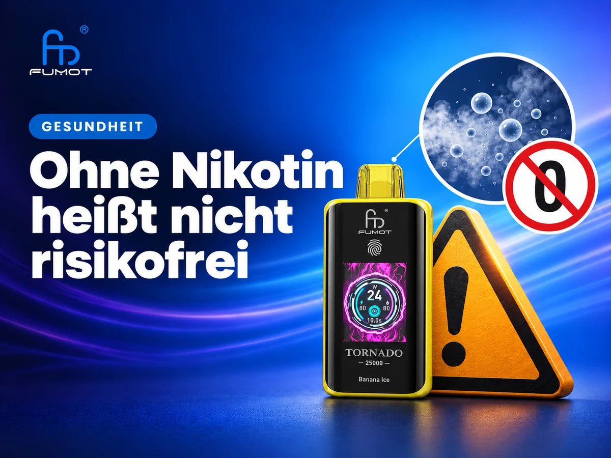Fumot Tornado 25000 neben einem Warnzeichen und einer schematischen Darstellung von Aerosolpartikeln.